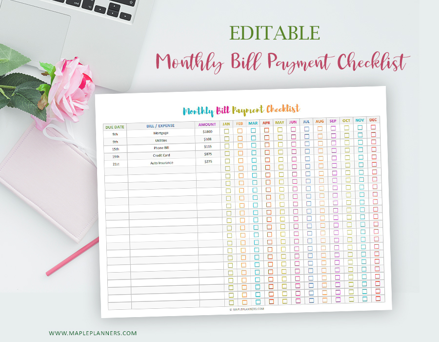 Organize Your Bills With Monthly Bill Payment Checklist