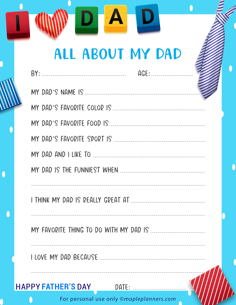 All About My Dad Printable Free