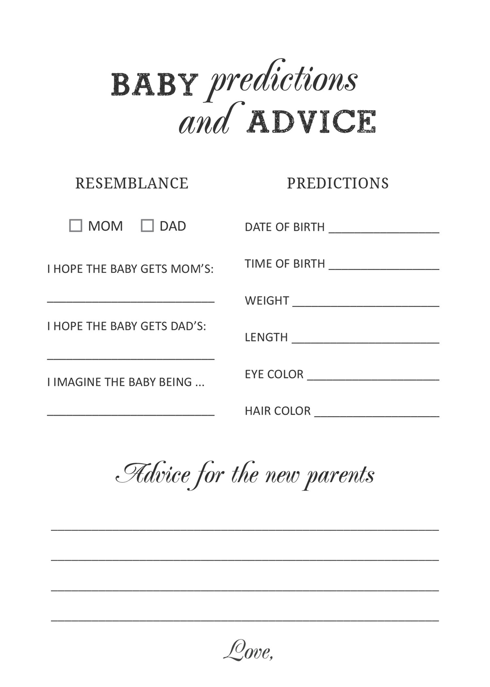 Free Printable Baby Prediction And Advice Cards Baby Shower Games