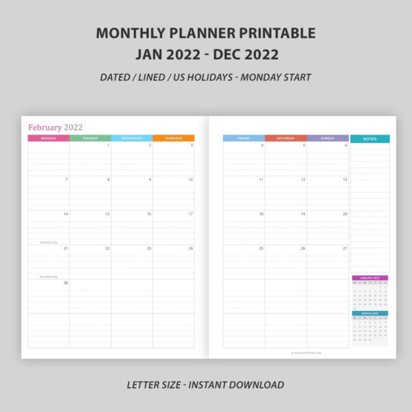 free printable monthly calendar 2022